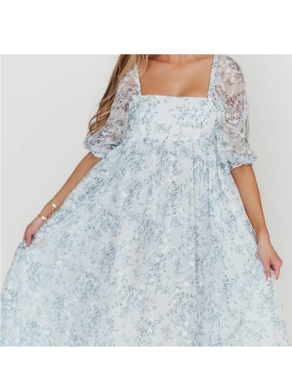 Worth Collective Mona Maxi White & Blue Floral Dress